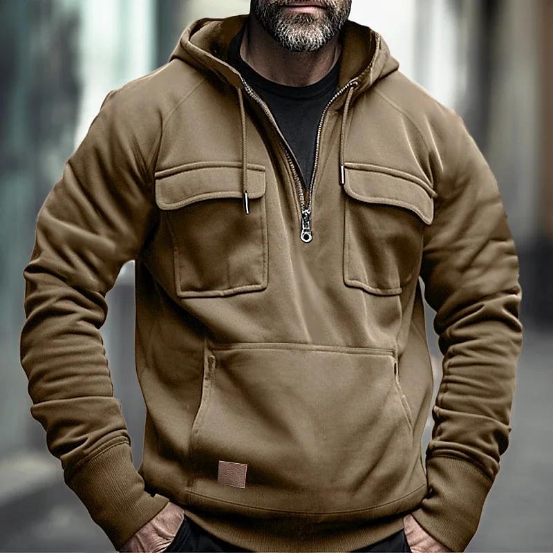 Hoodies Solide Warme Fleece Halbreißverschluss Herren Kapuzenjacken Sweatshirts Mehrere Taschen Dicke Outdoor Polar Übergröße