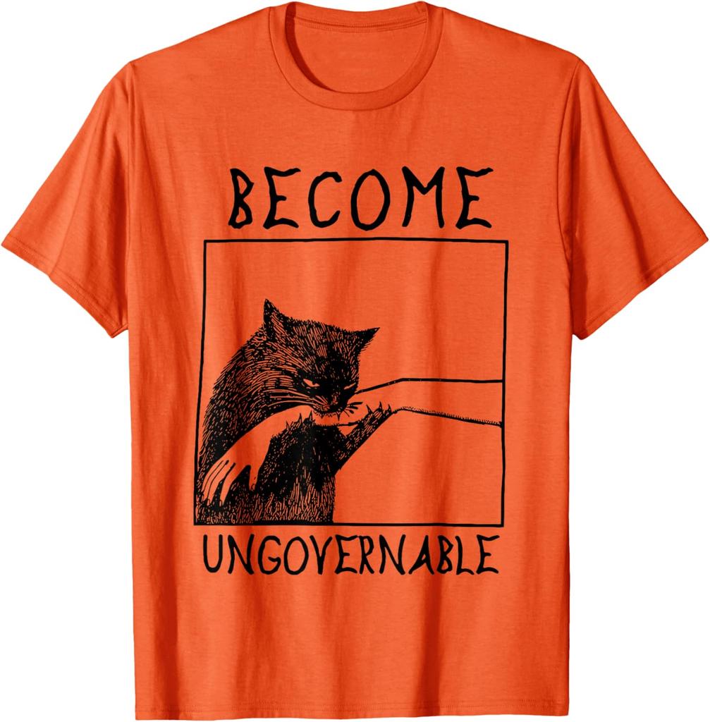 Become Ungovernable Biting Cat Meme Graphic Tee Cotton Casual Crewneck T-Shirt for Daily Wear