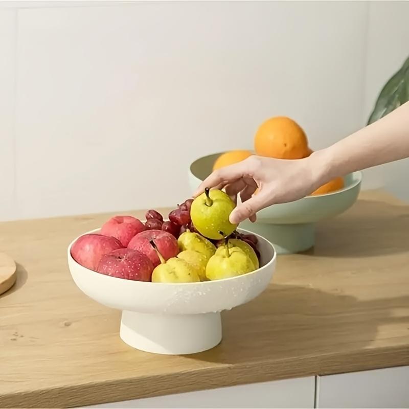 Modern Round Fruit Dish with Drainage, Elegant Plastic Basket for Kitchen Counter or Table Centerpiece