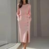 Women's Fashionable Long Sleeved Mature Style Solid Color Round Neck Cinched Waist Slit Metal Button Zipper Dress