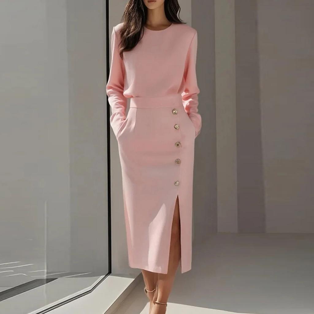 Women's Fashionable Long Sleeved Mature Style Solid Color Round Neck Cinched Waist Slit Metal Button Zipper Dress