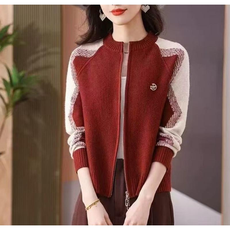 

Spring new new round neck double zipper knitted sweater jacket medium mother knitted cardigan sweater jacket красный