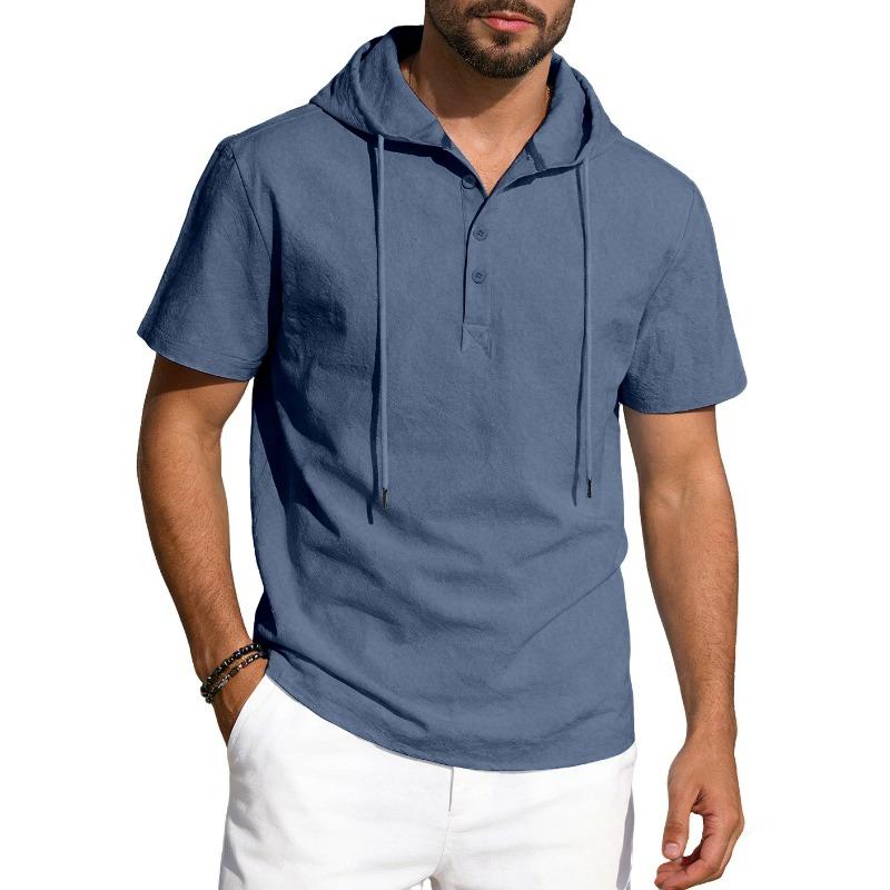 Men American Style Summer Short Sleeve Hooded Solid Color Casual Loose T Shirt