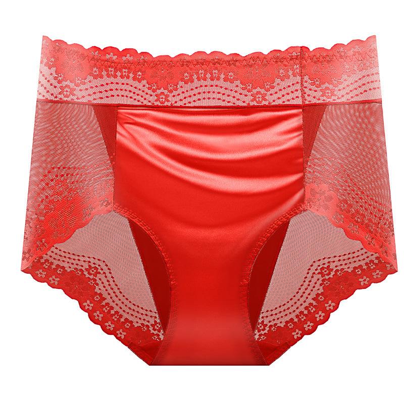 

Летние атласные кружевные трусы средней высоты с высокой талией, легкое бесшовное нижнее белье с чистой хлопковой вставкой, удобные, дышащие, сексуальные треугольные трусики XXL красный
