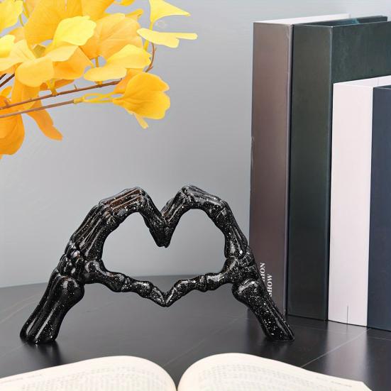 Skeleton Heart Hands Figurine Resin Love Gesture Statue Gothic Heart Shape Skeleton Hands Ornament for Home Halloween Desktop Decor