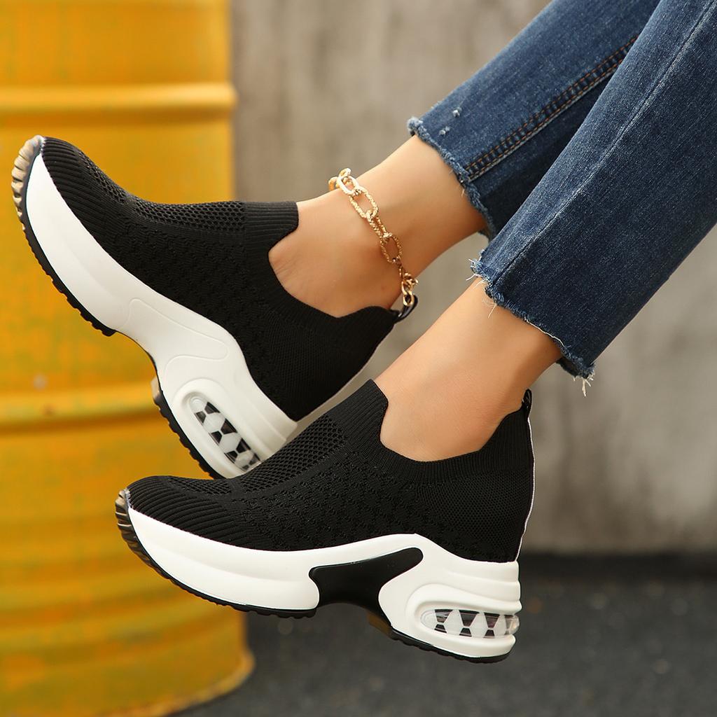 Inner Heightening Shoes Summer New Solid Color Fly-woven Breathable Mesh Air Cushion Platform Shoes Look Thin