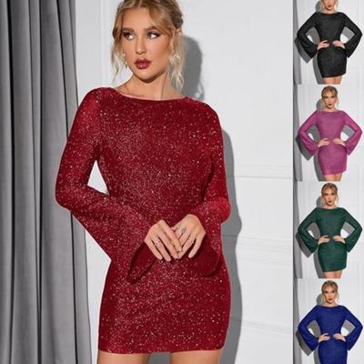 Women's Shiny Sequin Backless Lace Up Mini Dress Long Sleeved Shiny Tight Party Club Dress