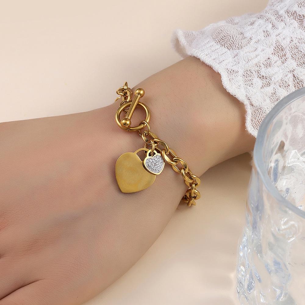 1pc Stainless Steel Bracelet With Heart Pendant, Double Heart OT Buckle Couple Bracelet Unisex