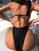 Damski strój kąpielowy w jednolitym kolorze, tkane paski, wycięcie, wysoka talia, seksowne bikini, kostiumy kąpielowe