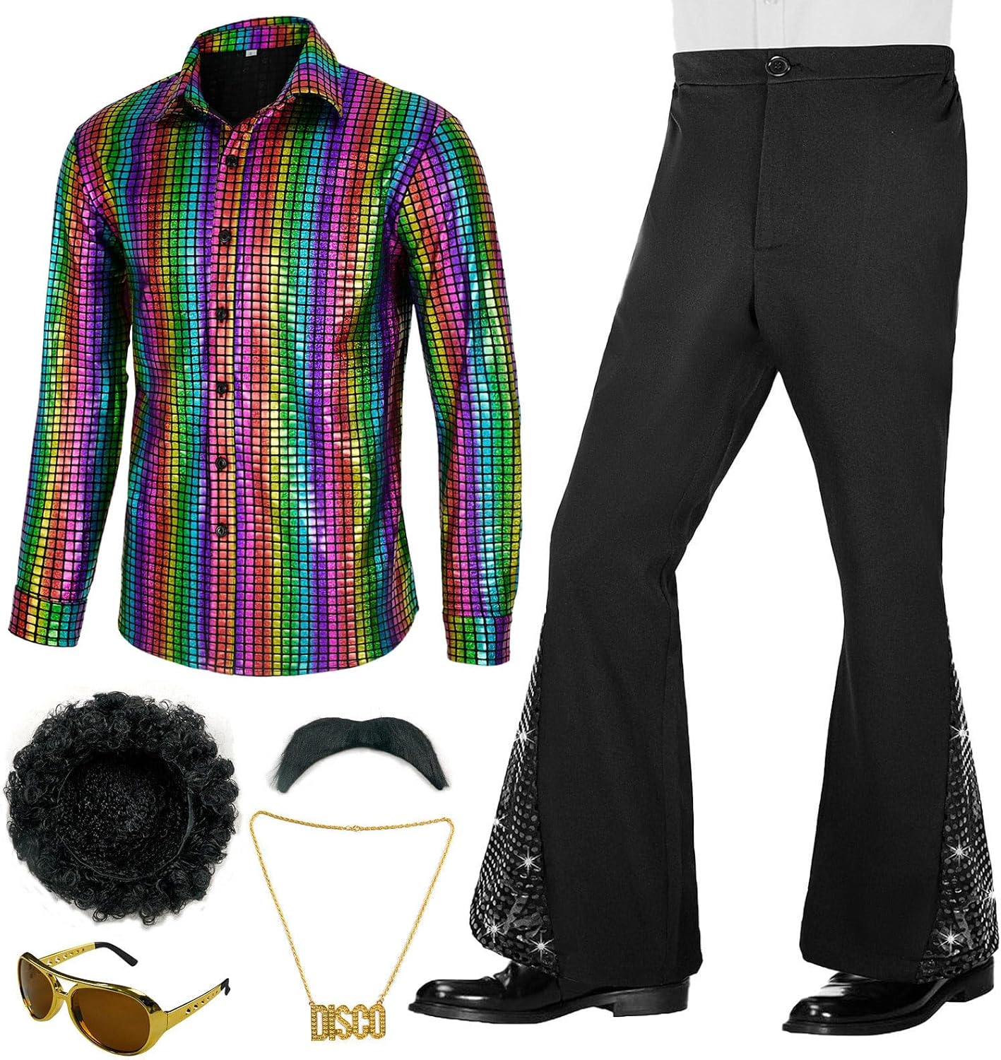 Jaren '70 Outfits voor Mannen 6 Delig Disco Outfit Retro Kostuum met Flare Broeken Volwassen Disco Zanger Dansen Glanzende Outfit Nieuw M blue