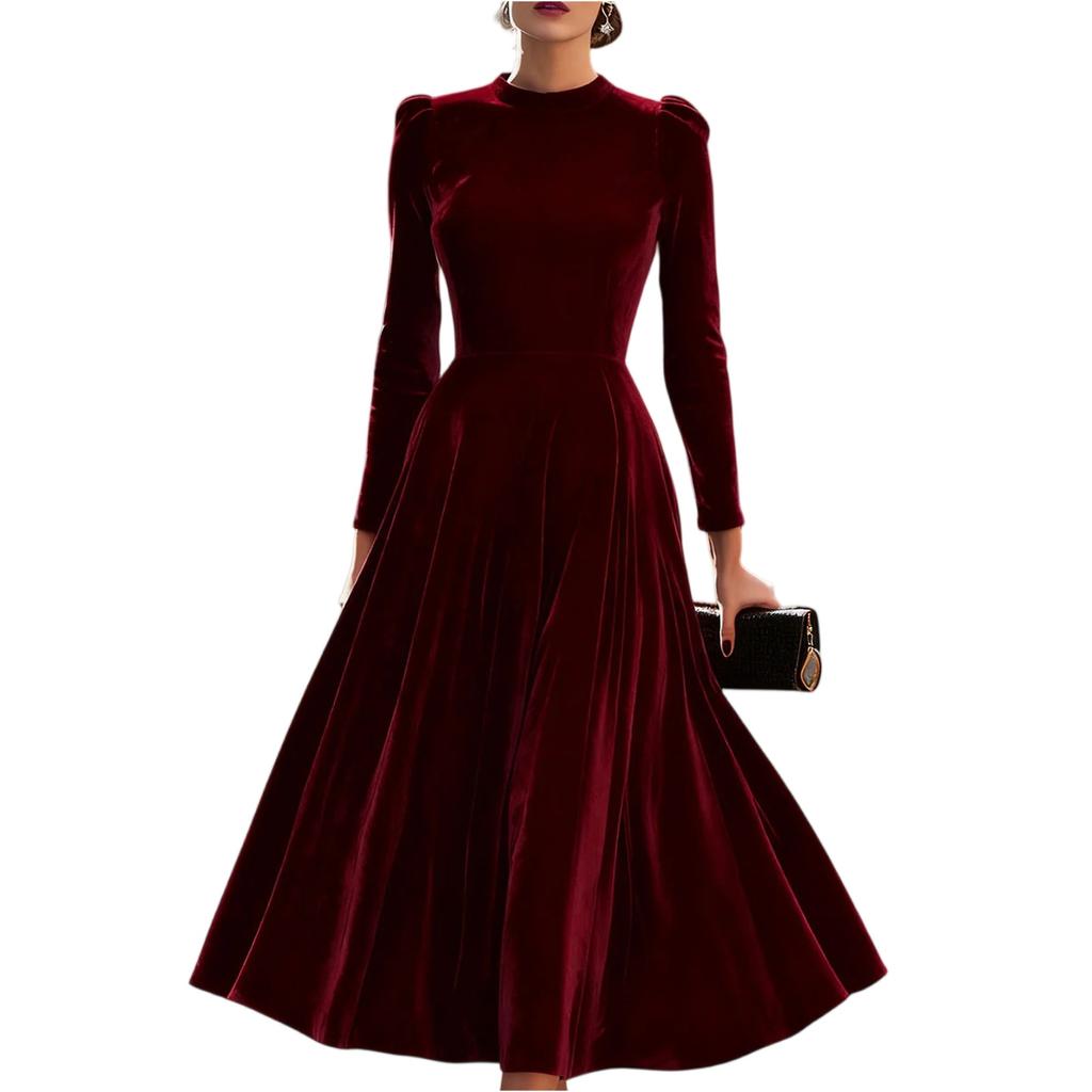 Damska Moda Casual Jednokolorowa Sukienka z Aksamitu z Dekoltem w Serek i Długim Rękawem