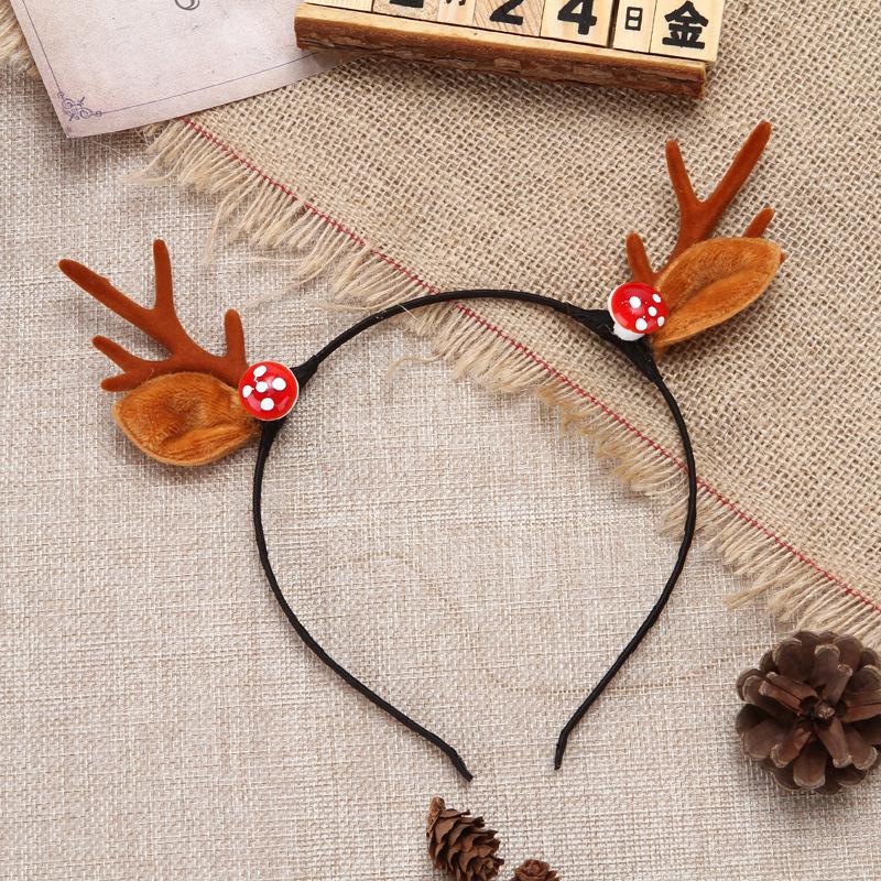 2025 Trendy Christmas Headband with Mushroom Ears & Antlers - Plush Hair Clip for Live Stream or Dress-up