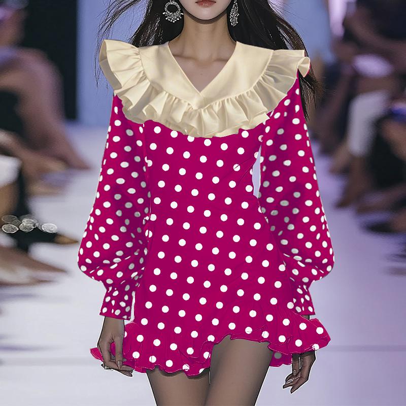 

VONDA Женские модные платья с оборками и V-образным вырезом, длинными рукавами и узором в горошек 2XL