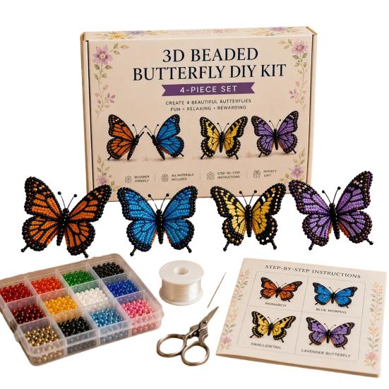 3D Beaded Butterfly Craft Kit, Tiny Beaded Animal DIY Handmade Art Set with Instruction, Cute 4-Pack Butterflies Beadwork Kit for Beginners, Craft A
