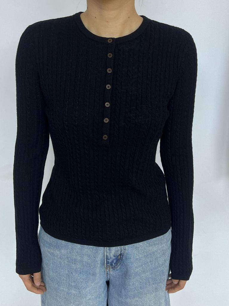Women's Slimming Henley Wool Sweater: Retro Cable Knit, Jacquard Long Sleeve Top for Autumn & Winter