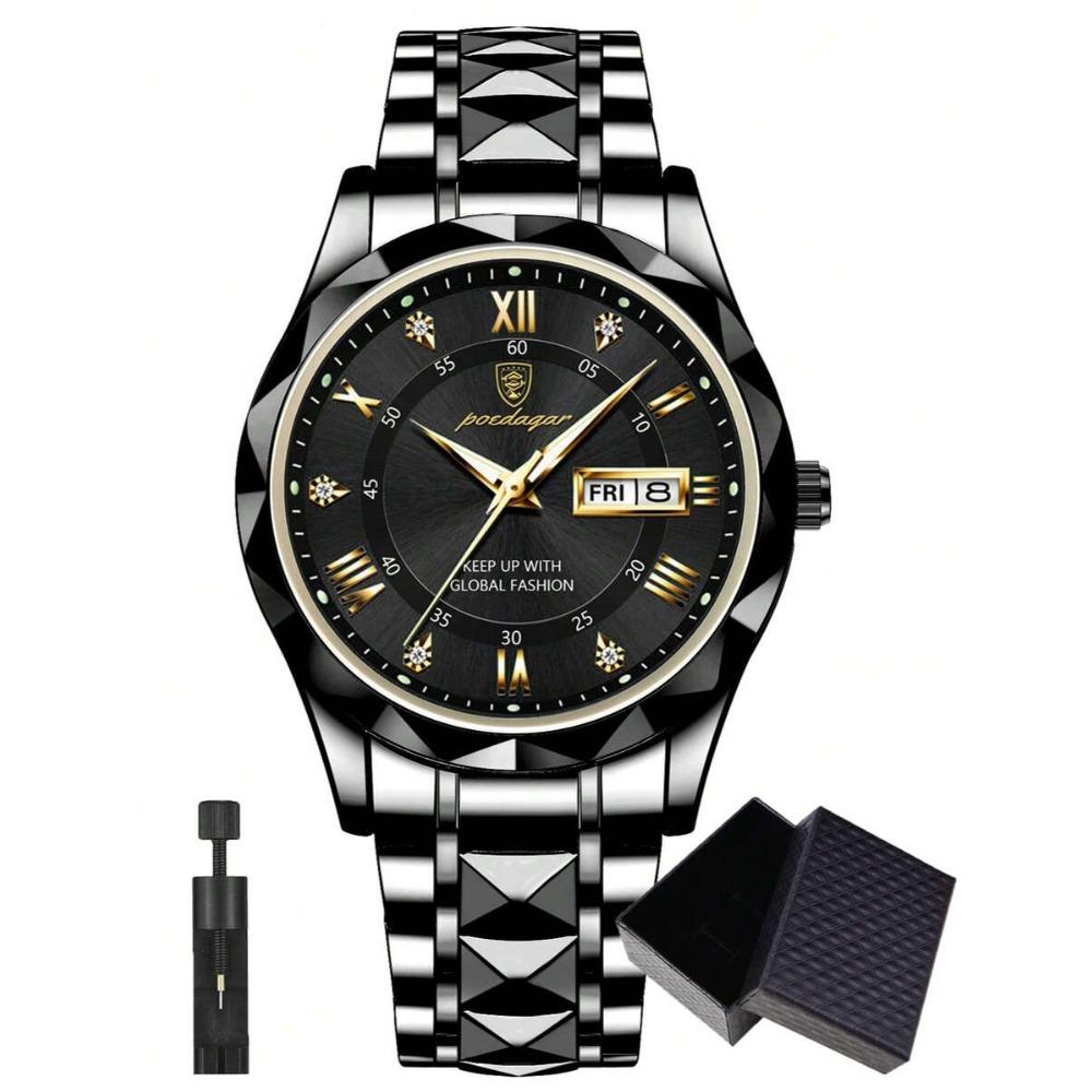 POEDAGAR Business Men's Stainless Steel Dual Calendar Quartz Watch, Casual Waterproof Luminous Men's Watch, Men's Gift