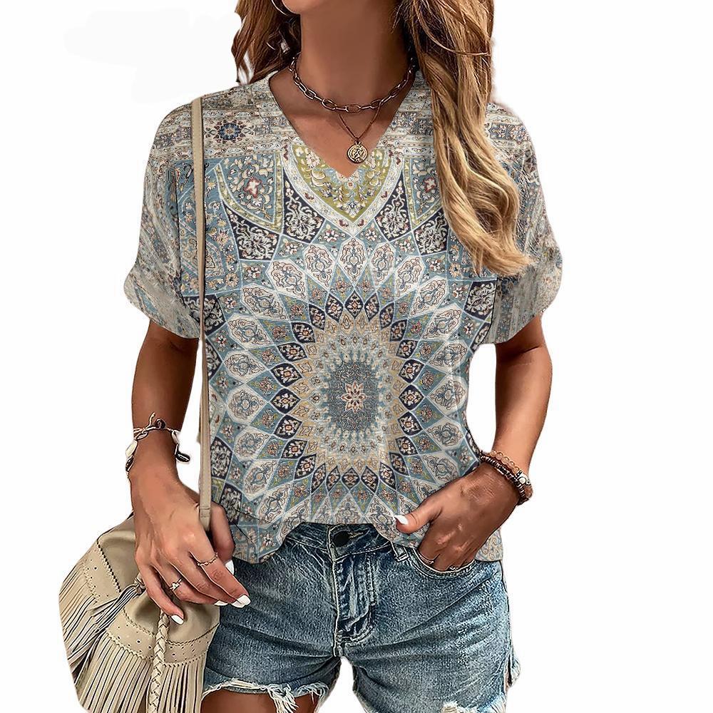 Boho Graphic 3D Print T-Shirts Women's Summer V-Neck Short Sleeve T Shirt Y2K Retro Tees Oversized Harajuku Tops Female Clothing