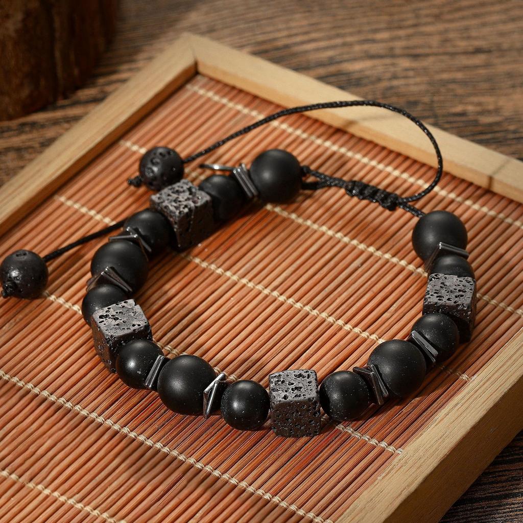 Lava Cube Volcanic Stone Braided Bracelet, Men'S Matte Adjustable Bracelet