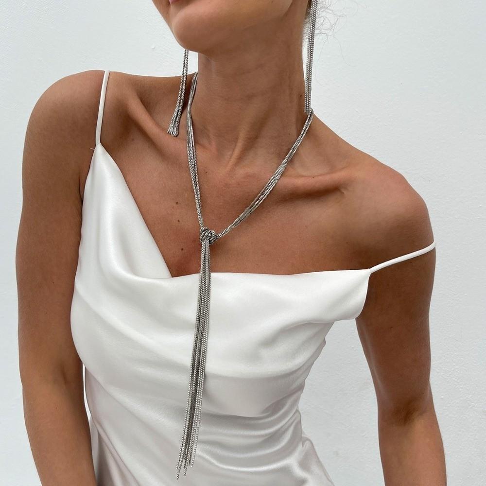Long Tassel Tassel Pendant Necklace Metal Material Jewelry Set Earrings Set  Ladies Accessories
