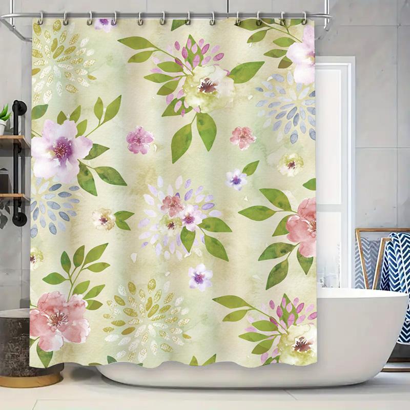 

Vintage Floral Shower Curtain Bathroom Decor Waterproof Fabric Print Decorative Bath Mat Liner for Home Decoration (Green/White) 90x180cm