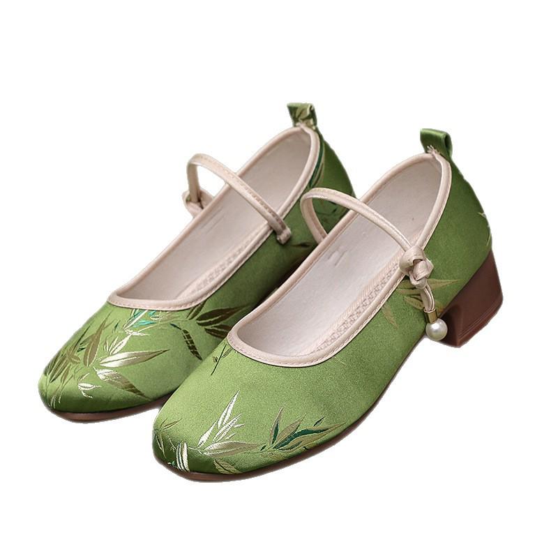 Women's Chinese Style Qipao Cloth Shoes – Round Toe, Low-Cut, Mid-Heel Dance Wedges