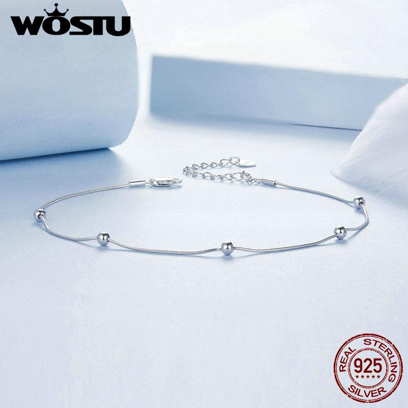 WOSTU Real 925 Silver Bead Anklet Snake Foot Chain Jewelry for Women Beach Stacking Jewelry Vacation Gift BST009