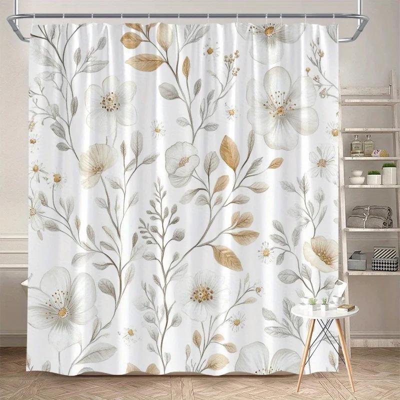 

1 botanical floral shower curtain with white and beige peonies, daisies and brown leaves on a white background with hook 90x180cm