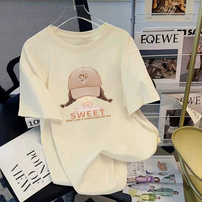 Tricou cu mânecă scurtă din bumbac pur, alb, pentru femei, de vară, nou, de dimensiuni mari, design lejer, imprimat, subțire, cu mânecă jumătate