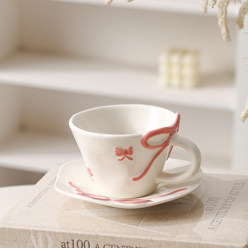 

Underglaze three-dimensional bow ceramic coffee cup and saucer set large-capacity latte cup love souvenir water cup 300ml