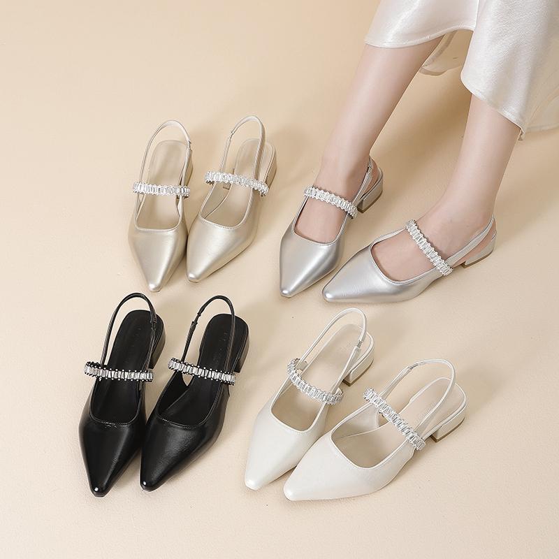 Summer Lady New Women's Shoes Back Strap Pointed Rhinestone Low-Front Cover Foot Flat Bottom Casual Shallow Mouth Simple Sandals