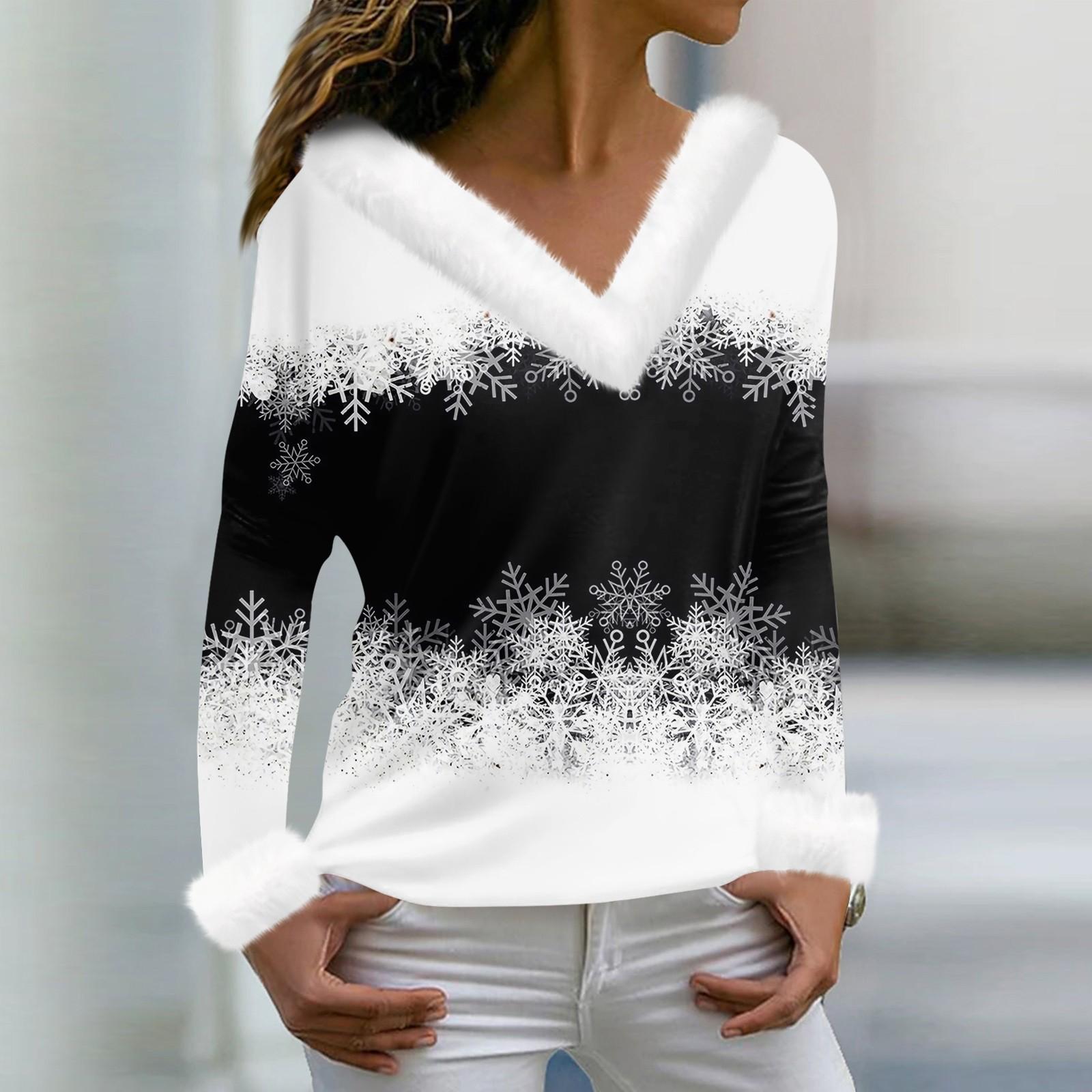 Женская мода повседневная плюшевая кофта с длинным рукавом и V-образным вырезом с рождественским принтом XL белый 1727₽