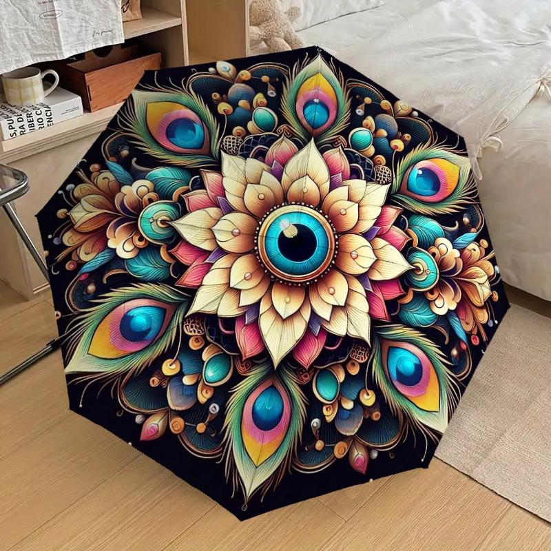 1pc Peacock Feather Mandala Artwork Umbrella with Plastic Handle,Suitable for All Seasons Home Travel Outdoor UmbrellaDD1487