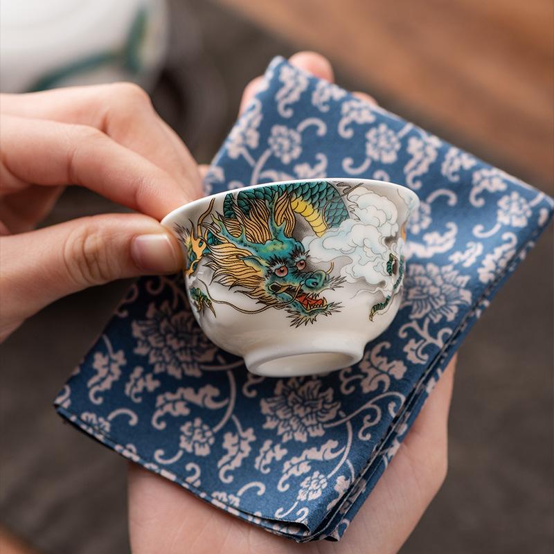 High-grade ceramic teacup Kung Fu cup owner Dragon Year limited hand-painted suet jade white porcelain single cup tea set accessories