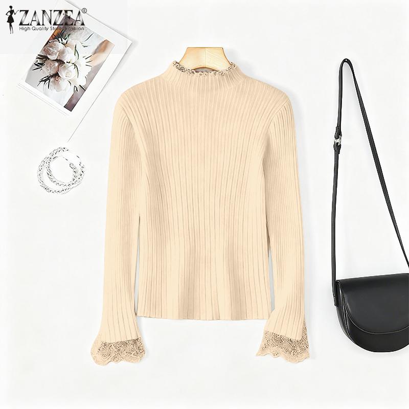 

ZANZEA Женские водолазки с длинным рукавом, кружевной вставкой, эластичные, в рубчик, вязаные свитера-майки L абрикосовый