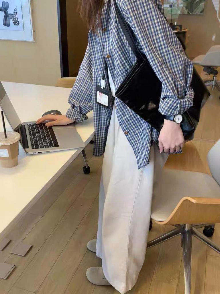 Women's Blue Plaid Long Sleeve Sun Protection Shirt - Lazy Style, Loose Fit, Versatile Thin Jacket for Spring, Summer, Autumn