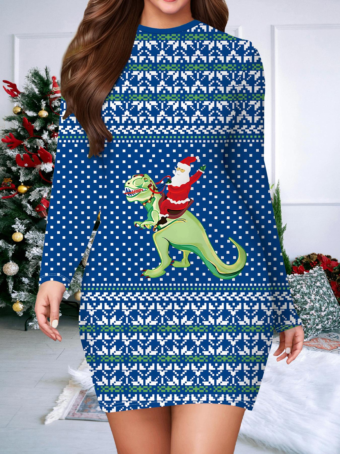 

2025 Autumn and Winter New Women s Hip-wrapped Dress,3D Christmas Printing and Dyeing Women s Fashion Long-sleeved Round Neck Sexy Hip-wrapped Dress XXL синій