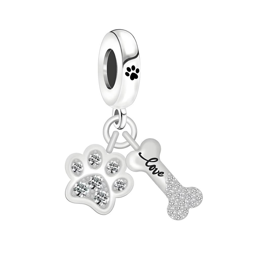 S925 Silver Pet Theme DIY Jewelry Accessories Zircon Paw Print And Bone Dual Pendant Bracelet Necklace Beads