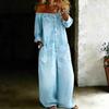 Damen schulterfrei Langarm Denim Jumpsuit lockere Passform mittlere Taille lässiger Body