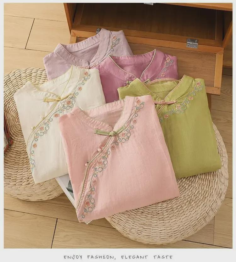 2024 Retro Style Women's Embroidered Cotton-Linen Shirt with Buttoned Lapel and Three-quarter Sleeves