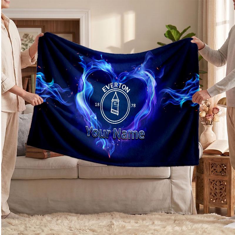 Everton FC Personalized Fleece Blanket With Football Logo, Custom Name Text Soft Warm Home Throw Blanket