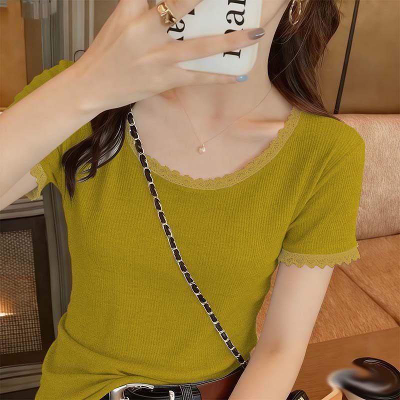 T-shirt Estiva da Donna a Maniche Corte con Bordi in Pizzo, Casual in Cotone, Colore Unito, Top Basico