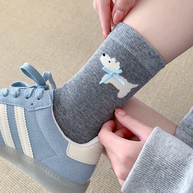 Bow Socks Medium Tube Socks Spring And Autumn Thin Pure Cotton Sweet Cute Cartoon Puppy Pile Socks Women