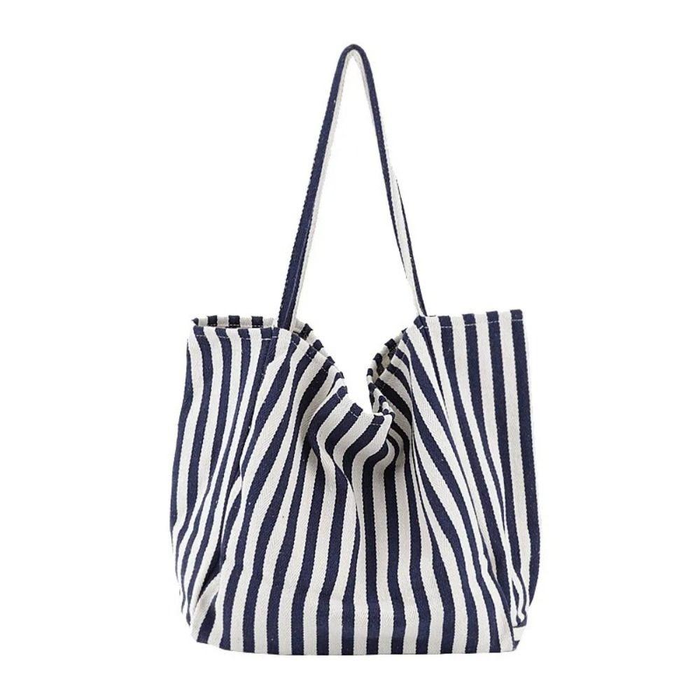 

Multifunctional Canvas Shoulder Bag Large Capacity Shopping Bag Simple Stripe Handbag Daily синий