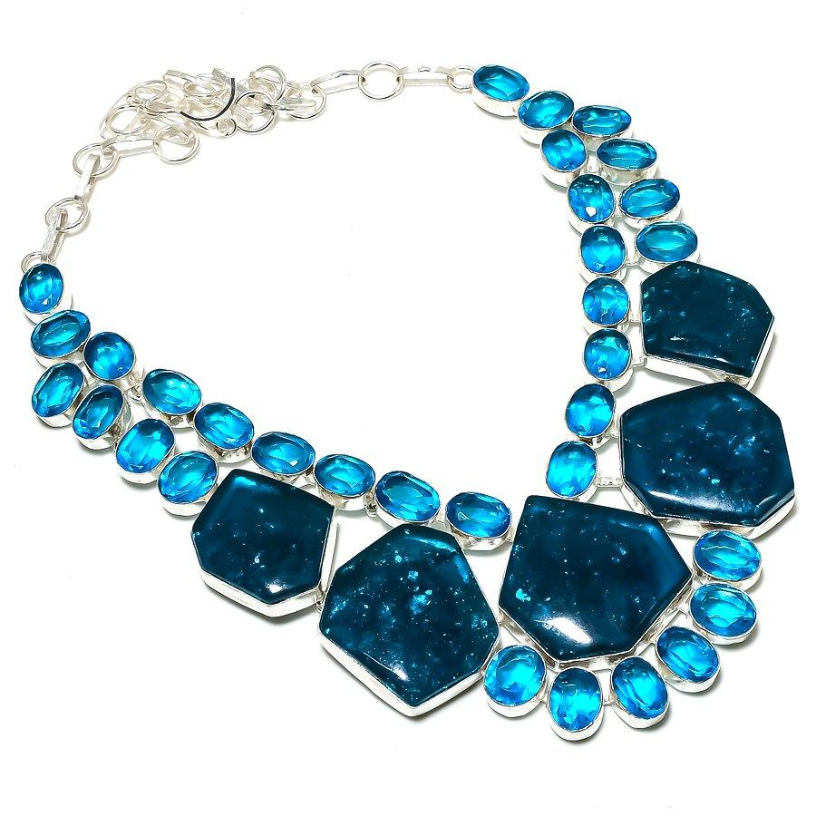 

Ожерелье из стерлингового серебра 925 пробы с натуральным синим турмалином и топазом ручной работы 18 дюймов B8y39