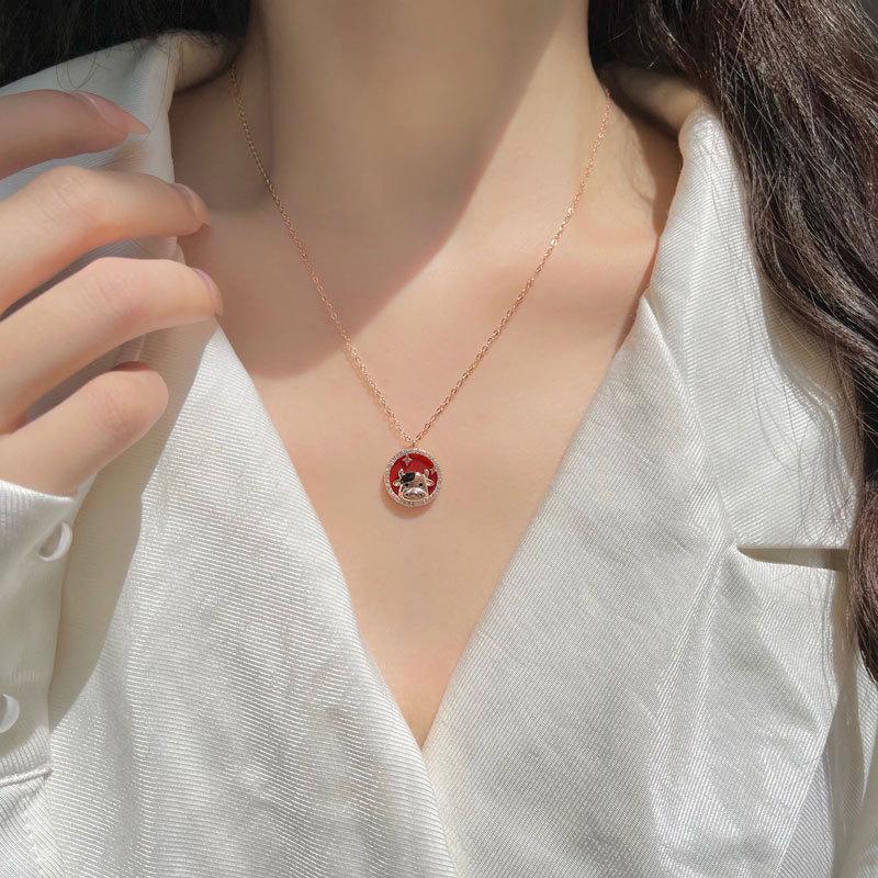 Year of The Ox Necklace for Women, Fashionable and Cute. Bull Red Agate Round Brand Collarbone Chain