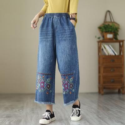 Retro High Waist Schwerindustrie Bestickte Jeans Damen Frühling Herbst Neu Locker Weitbeinige Hosen