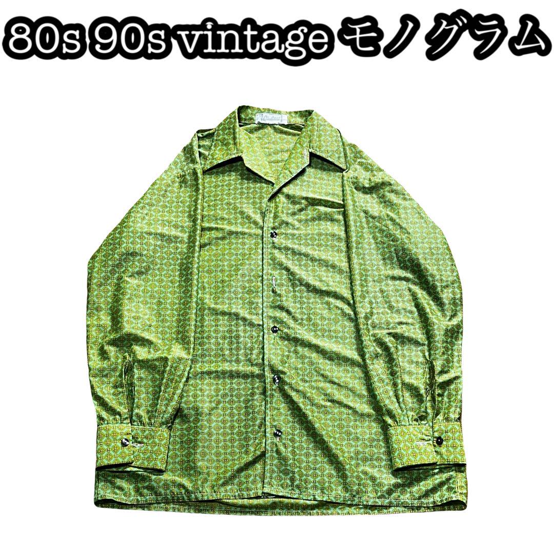 

[USED] 70s, 80s, 90s vintage monogram shirt in green poly.