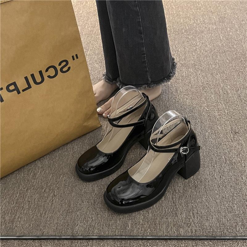 2024 New Mary Jane Thick Heel Single Shoes Women's British Style College Korean Version Loafers Shallow Mouth with Shoes