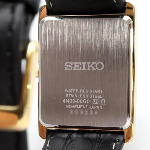 Seiko Men's Square Design Quartz Watch SWR052 with White Dial and Black Leather Band