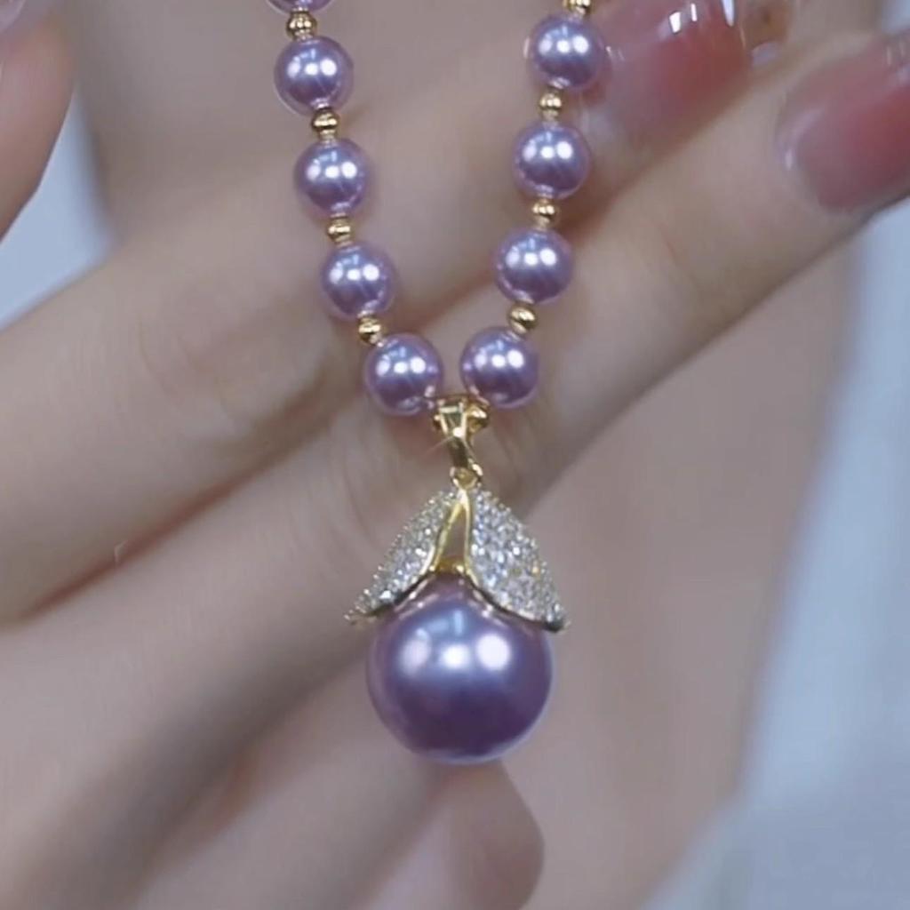 Elegant Purple Bead & Diamond Choker Necklace with Pearls Light Luxury Temperament High-end Earrings